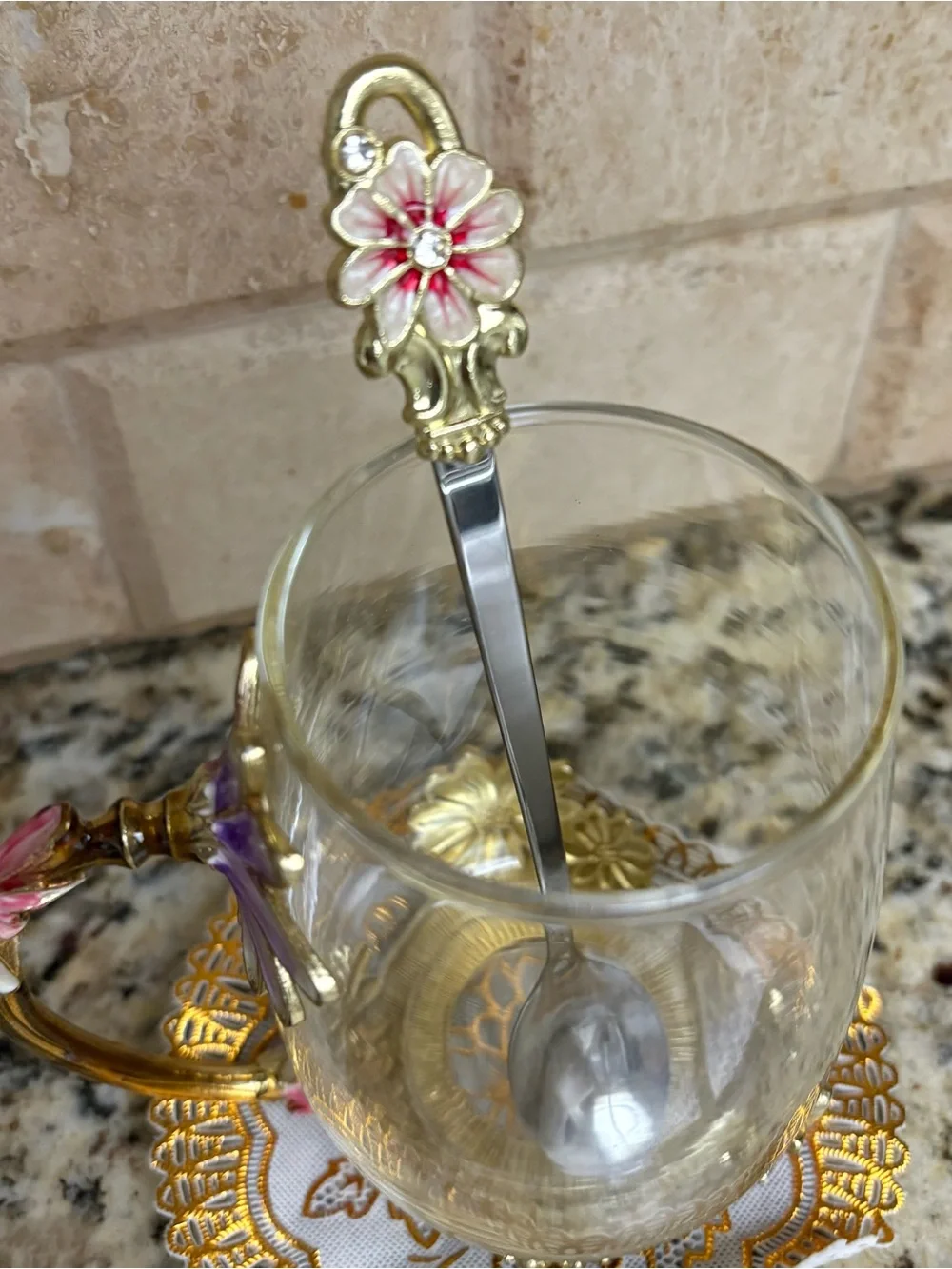 Glass Tea Cup with Gold Floral Handle and Pink Accents